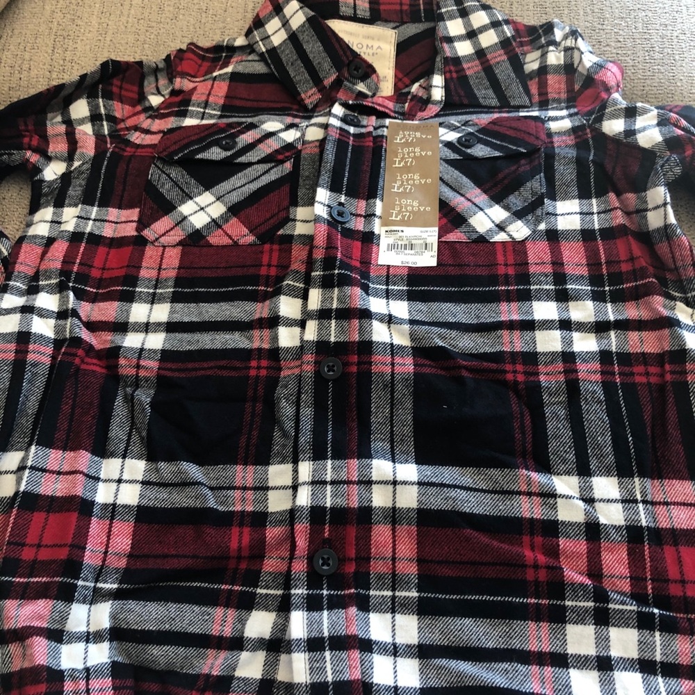 Sonoma boys plaid, red, black and white button down dress shirt